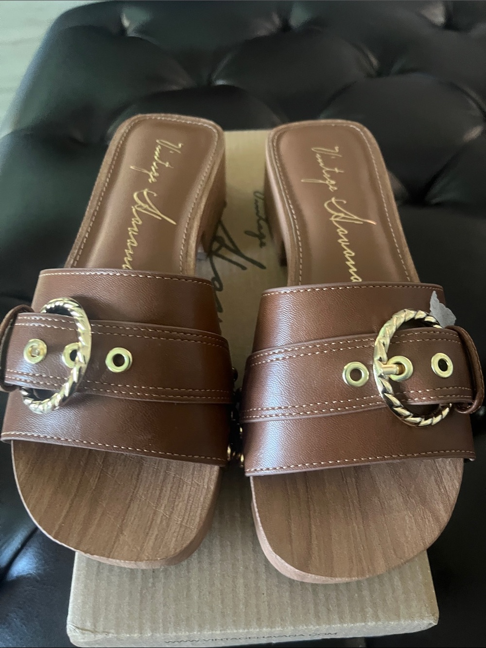 Vintage Havana Noreen Brown Leather Slide Mules with Gold-Tone Buckle